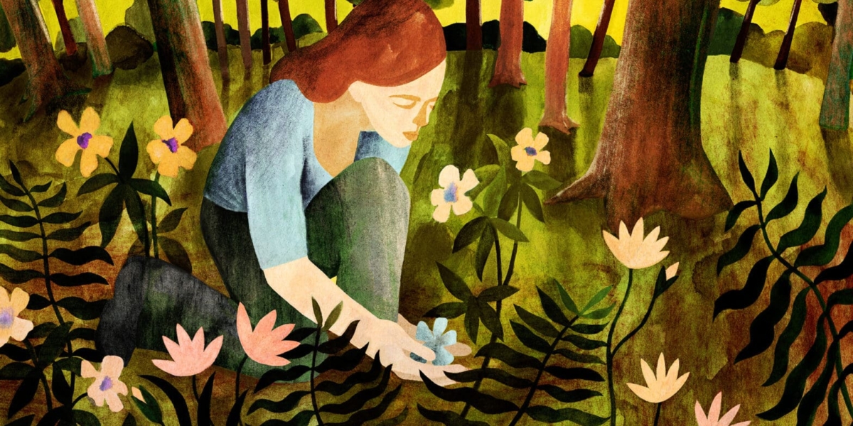 An illustration of a woman reaching for a flower on the forest floor