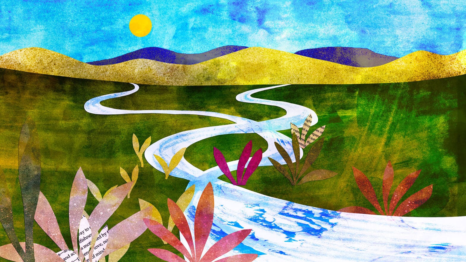 Illustration by Sirin Thada depicts the two streams of thought representing buddhism and science flowing into one another.
